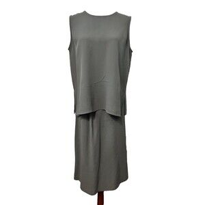 EILEEN FISHER 100% Silk Skirt & Top Set Womens S/M GRAY Sleeveless Blouse Pencil